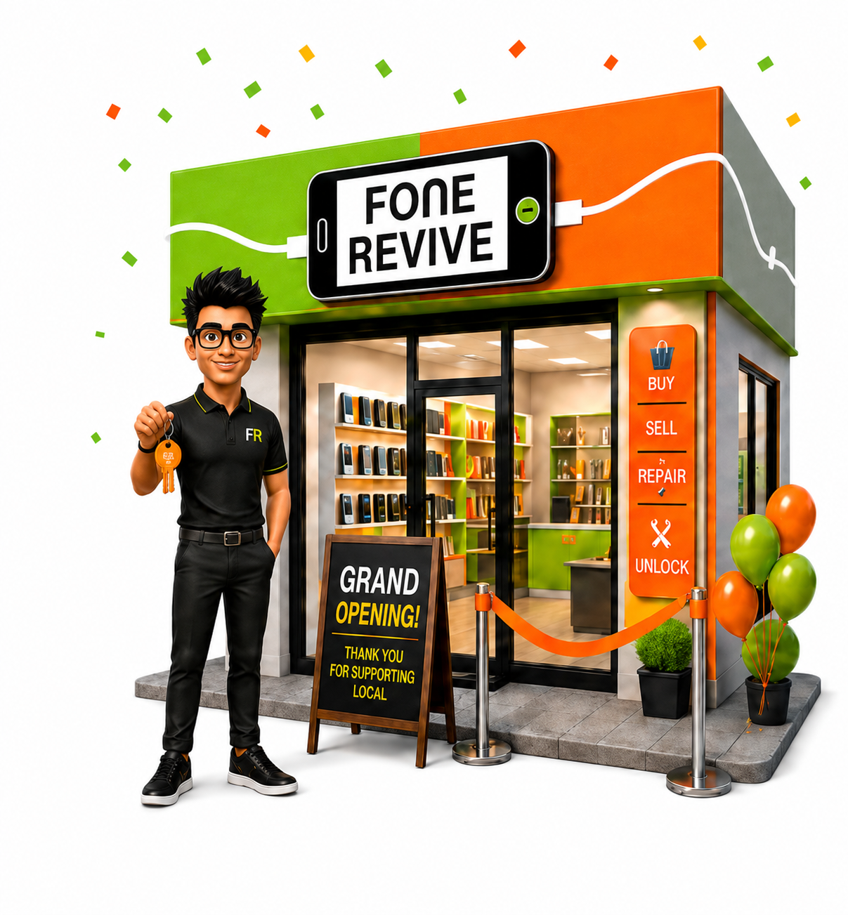 A new FoneRevive franchisee on the grand opening day of their store